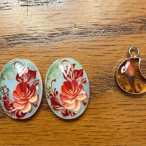 Vintage Floral Sea Opal Beads + Sterling Silver Dried Flowers Half Moon Charm